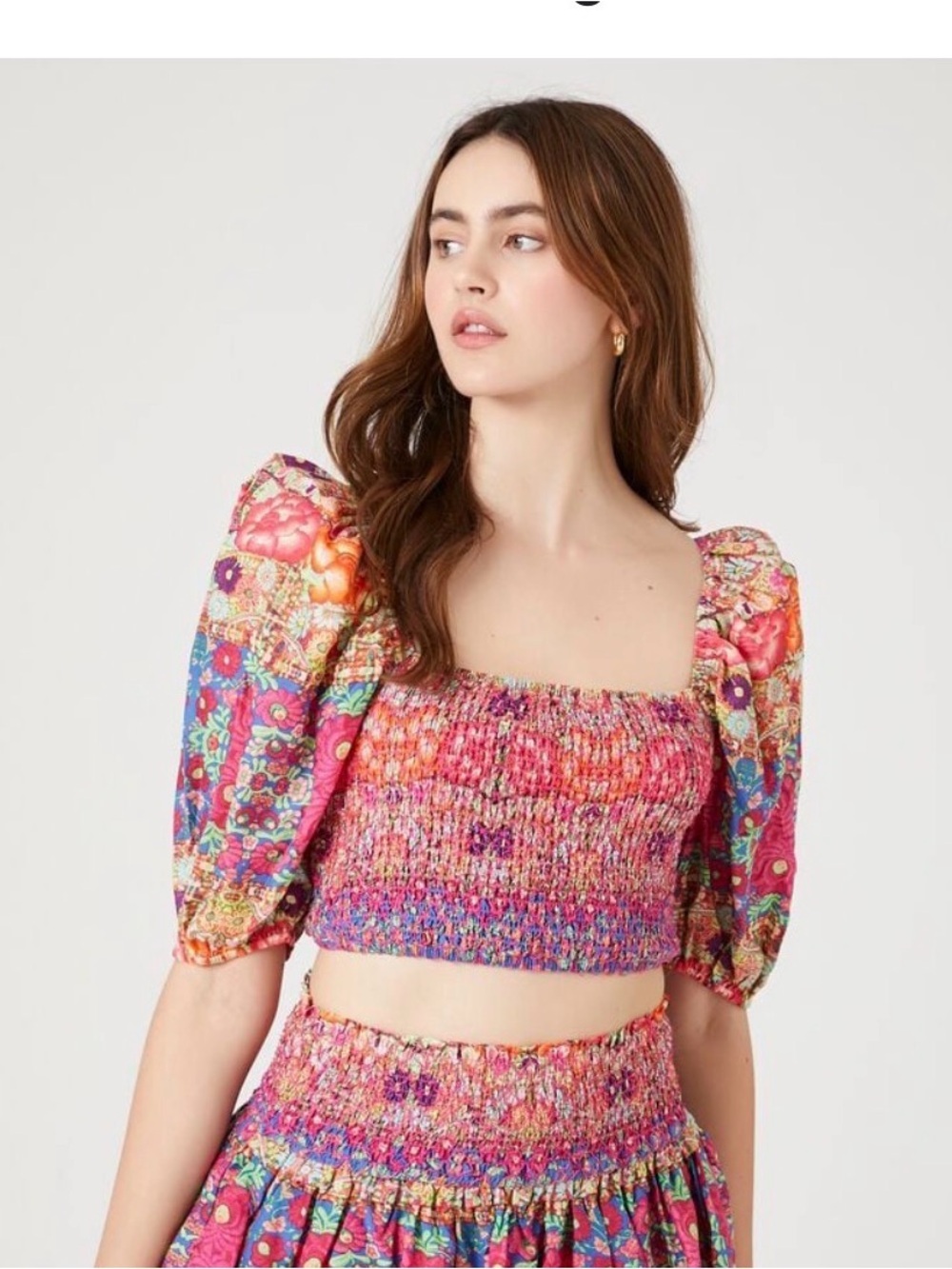 Forever 21 Pink Multi Smocked Square-Neck Crop Top, guc, sz M